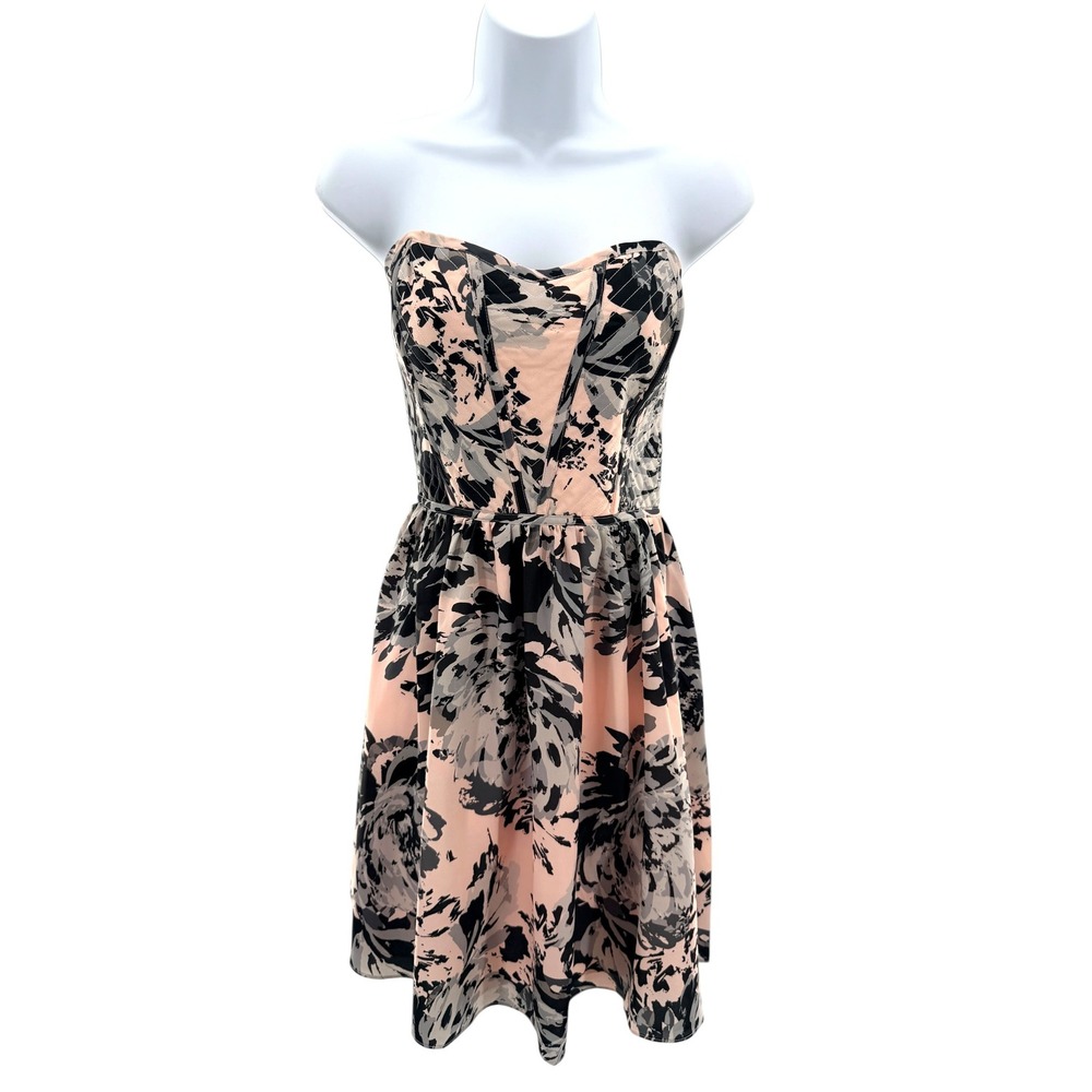 AQUA Strapless Sweetheart Floral Dress‎ Pink Charcoal Grey Whimsygoth Skater M